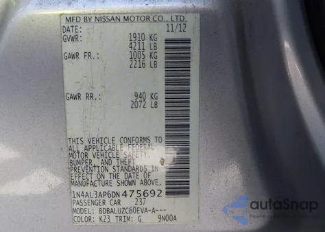 2013 Nissan Altima 2.5 Sv z USA, uszkodzony, nr VIN 1N4AL3AP6DN475692